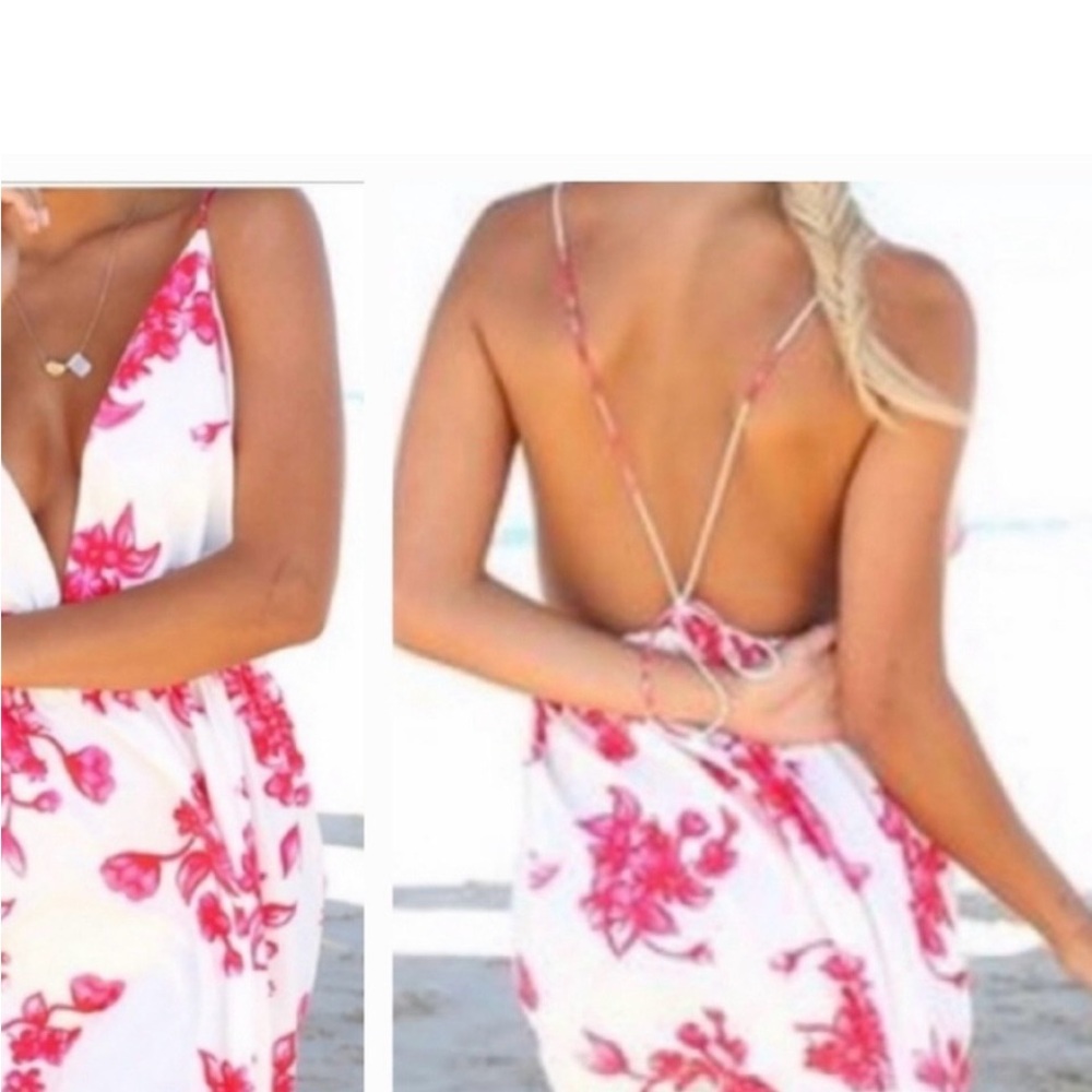 Sabo  Red Floral backless Maxi dress Deep V beach Vacation NWT - Picture 3 of 13